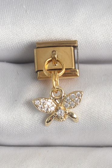 316L Çelik Gold Renk Zirkon Taşlı Kelebek Model Nomination Charm - TJ-BC1360