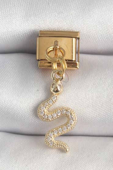 316L Çelik Gold Renk Sallantı Zirkon Taşlı Yılan Model Nomination Charm - TJ-BC1364