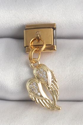 316L Çelik Gold Renk Sallantı Zirkon Taşlı Kanat Model Nomination Charm - TJ-BC1368