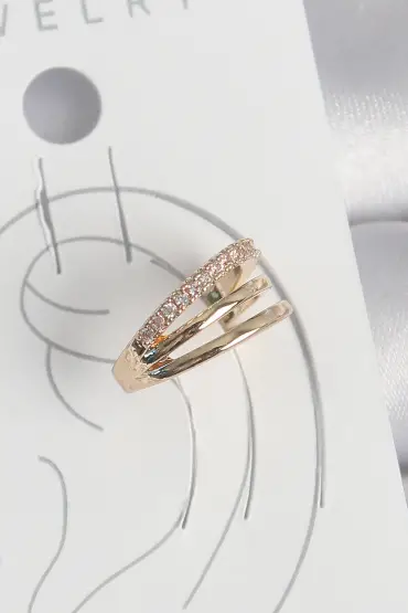 Pirinç Gold Renk Zirkon Taşlı 3'Lü Sıralı Model Kadın Kıkırdak Küpe - TJ-BKP10579