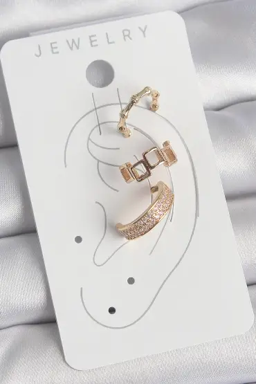 Pirinç Gold Renk Kare Model Zirkon Taşlı 3'Lü Model Kadın Kıkırdak Küpe - TJ-BKP10587