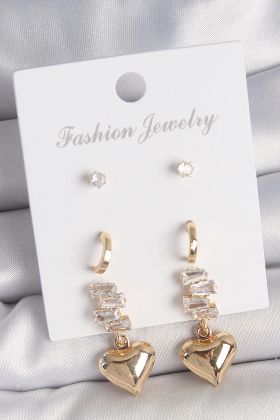 Pirinç Gold Renk Zirkon Taşlı Sallantılı Kalp Model Yarım Halka Detay 3 Çift Kadın Küpe Seti - TJ-BKP10612