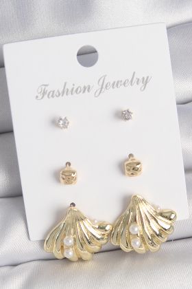 Pirinç Gold Renk Zirkon Taşlı İnci Detaylı Deniz Kabuğu Model 3 Çift Kadın Küpe Seti - TJ-BKP10617