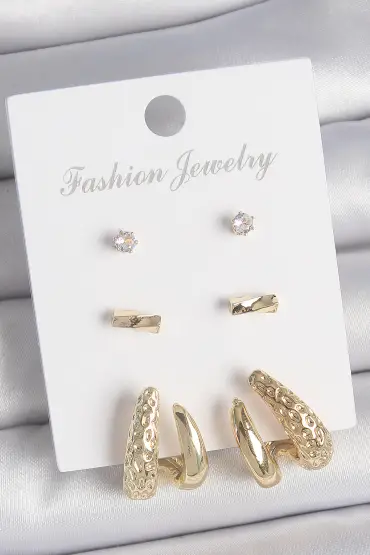 Pirinç Gold Renk Zirkon Taşlı İncili Kelebek Model 3 Çift Kadın Küpe Seti - TJ-BKP10618