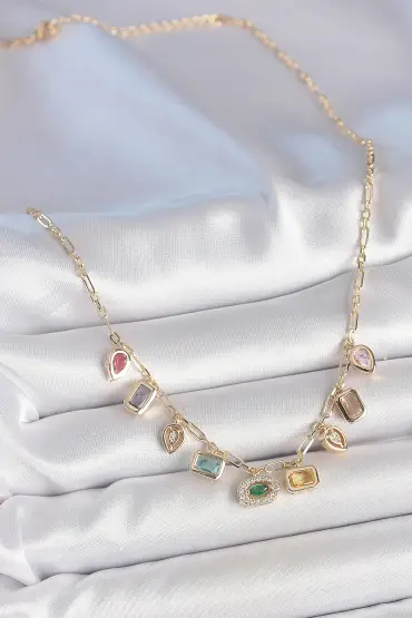 Sıralı Karışık Renk Zirkon Taşlı Gold Pirinç Kolye - TJ-BKO10221