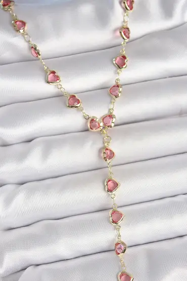 Gold Pembe Renk Kalp Figürlü Zirkon Taşlı Y Pirinç Kolye - TJ-BKO10223