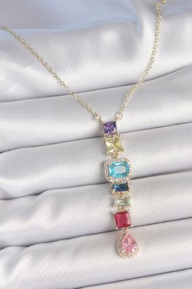 Gold Karışık Renk Zirkon Taşlı Y Pirinç Kolye - TJ-BKO10225