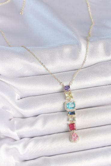 Gold Karışık Renk Zirkon Taşlı Y Pirinç Kolye - TJ-BKO10225