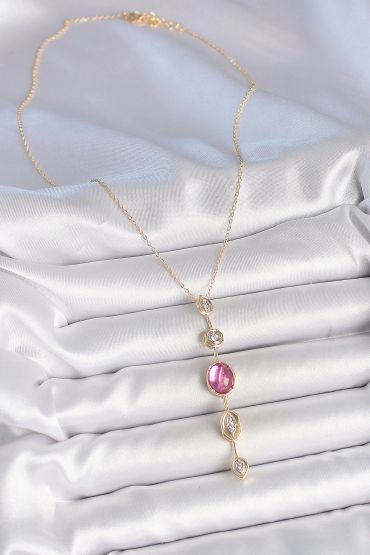 Pirinç Zincir Gold Renk Pembe Zirkon Taşlı Y Kolye - TJ-BKO10228