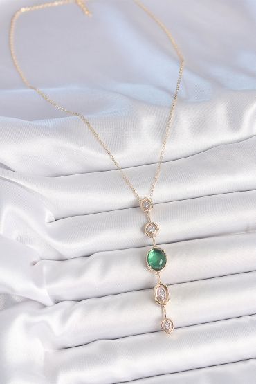 Pirinç Zincir Zümrüt Yeşil Gold Renk Zirkon Taşlı Y Kolye - TJ-BKO10229
