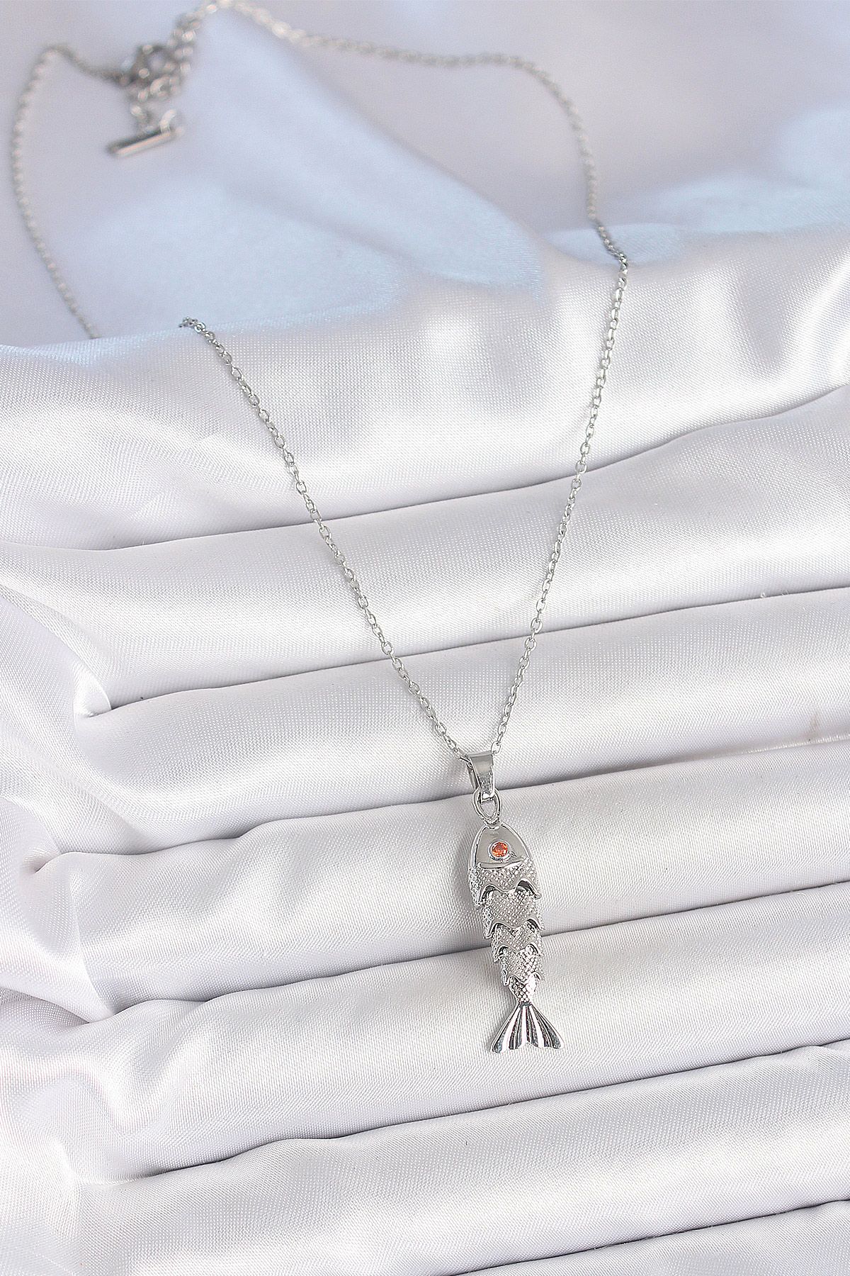 316L Çelik Zincir Gümüş Renk Zirkon Taşlı Balık Figürlü Kolye - TJ-BKO10233