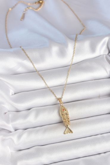 316L Çelik Zincir Gold Renk Zirkon Taşlı Balık Figürlü Kolye - TJ-BKO10234