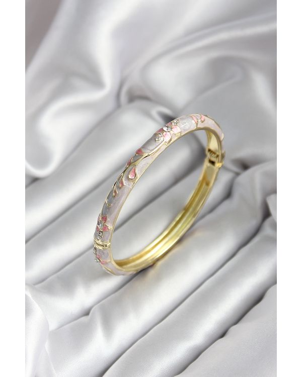 Mineli Pirinç Çiçek Desenli Zirkon Taşlı Gold Renk Kadın Kelepçe (çap 60 mm) - TJ-BB6984