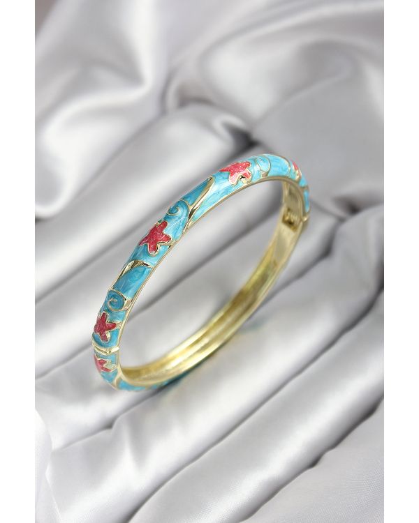 Mineli Pirinç Mavi Çiçek Desenli Gold Renk Kadın Kelepçe (çap 60 mm) - TJ-BB6995