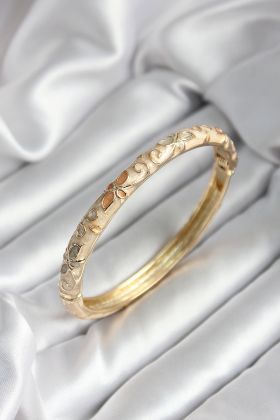 Mineli Pirinç Bej Çiçek Desenli Gold Renk Kadın Kelepçe (çap 60 mm) - TJ-BB7001