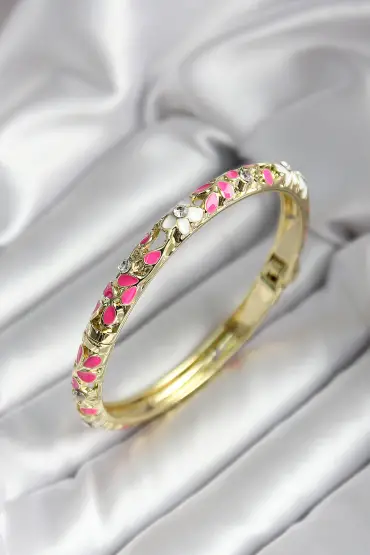 Mineli Pirinç Pembe Çiçek Desenli Gold Renk Kadın Kelepçe - TJ-BB7020