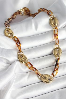 Leopar Desenli Mika Gold Renk Zincir Kadın Kolye - TJ-BKO10237