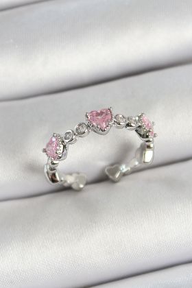 Pirinç Sıralı Kalp Figürlü Zirkon Taşlı Gümüş Renk Ayarlanabilir Kadın Yüzük - TJ-BYK3757