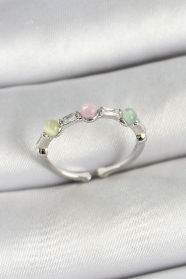 Pirinç Sıralı Boncuk Figürlü Zirkon Taşlı Gümüş Renk Ayarlanabilir Kadın Yüzük - TJ-BYK3759