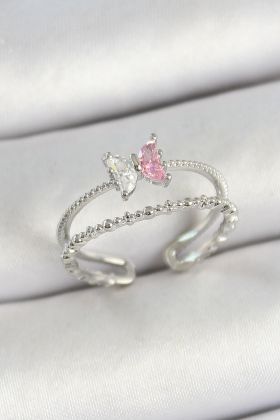 Pirinç Kelebek Figürlü Zirkon Taşlı Gümüş Renk Ayarlanabilir Kadın Yüzük - TJ-BYK3767
