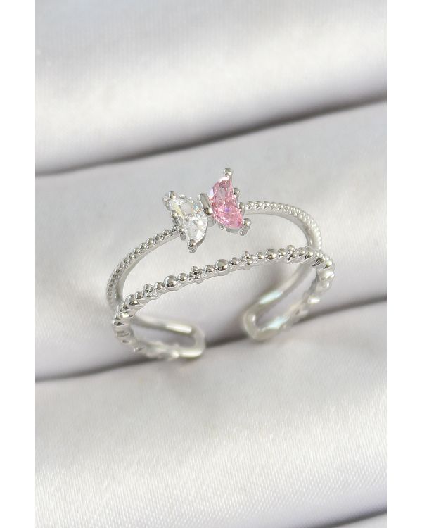 Pirinç Kelebek Figürlü Zirkon Taşlı Gümüş Renk Ayarlanabilir Kadın Yüzük - TJ-BYK3767