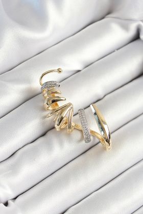 Pirinç Zirkon Taş Kaplamalı Sarmal Figürlü Gold Renk Kadın Sağ Kıkırdak Küpe - TJ-BKP10630