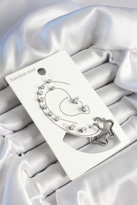 316L Çelik Yıldız Figürlü Ve Zirkon Taşlı Gümüş Renk 7'li Çift Kadın Küpe Set - TJ-BKP10636