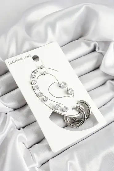 316L Çelik Halka Figürlü Ve Zirkon Taşlı Gümüş Renk 7'li Çift Kadın Küpe Set - TJ-BKP10637