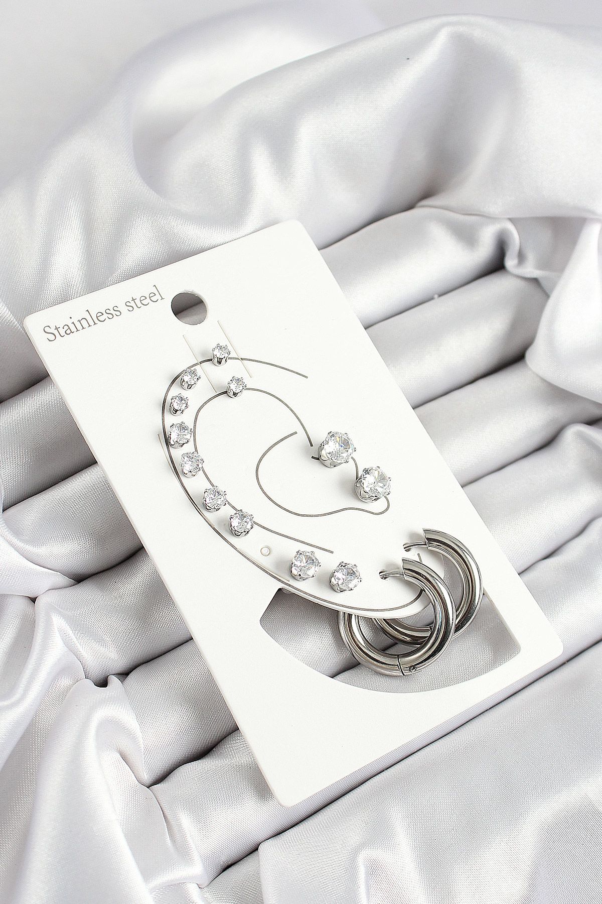 316L Çelik Halka Figürlü Ve Zirkon Taşlı Gümüş Renk 7'li Çift Kadın Küpe Set - TJ-BKP10637