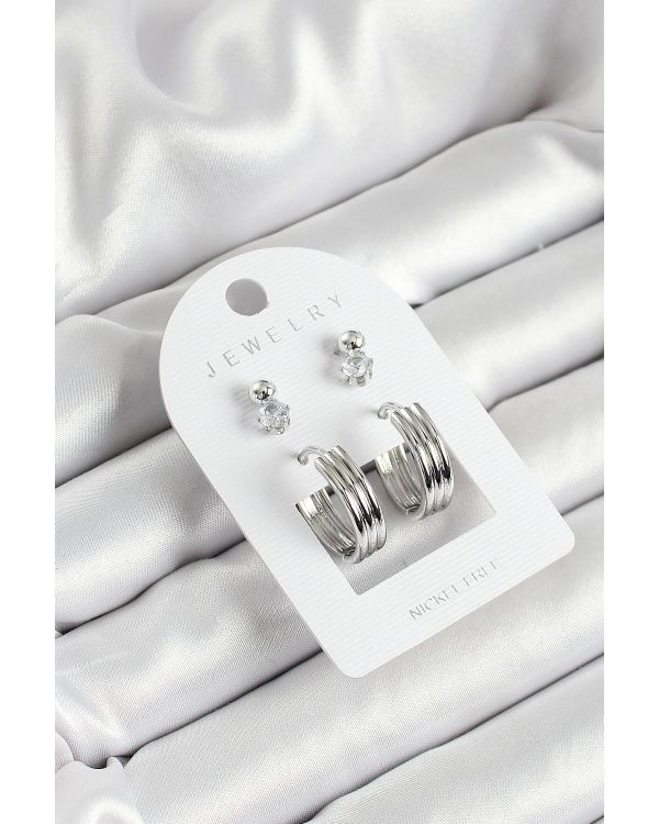 Pirinç Zirkon Taş Ve Halka Figürlü Gümüş Renk 3'lü Çift Kadın Küpe Set - TJ-BKP10649