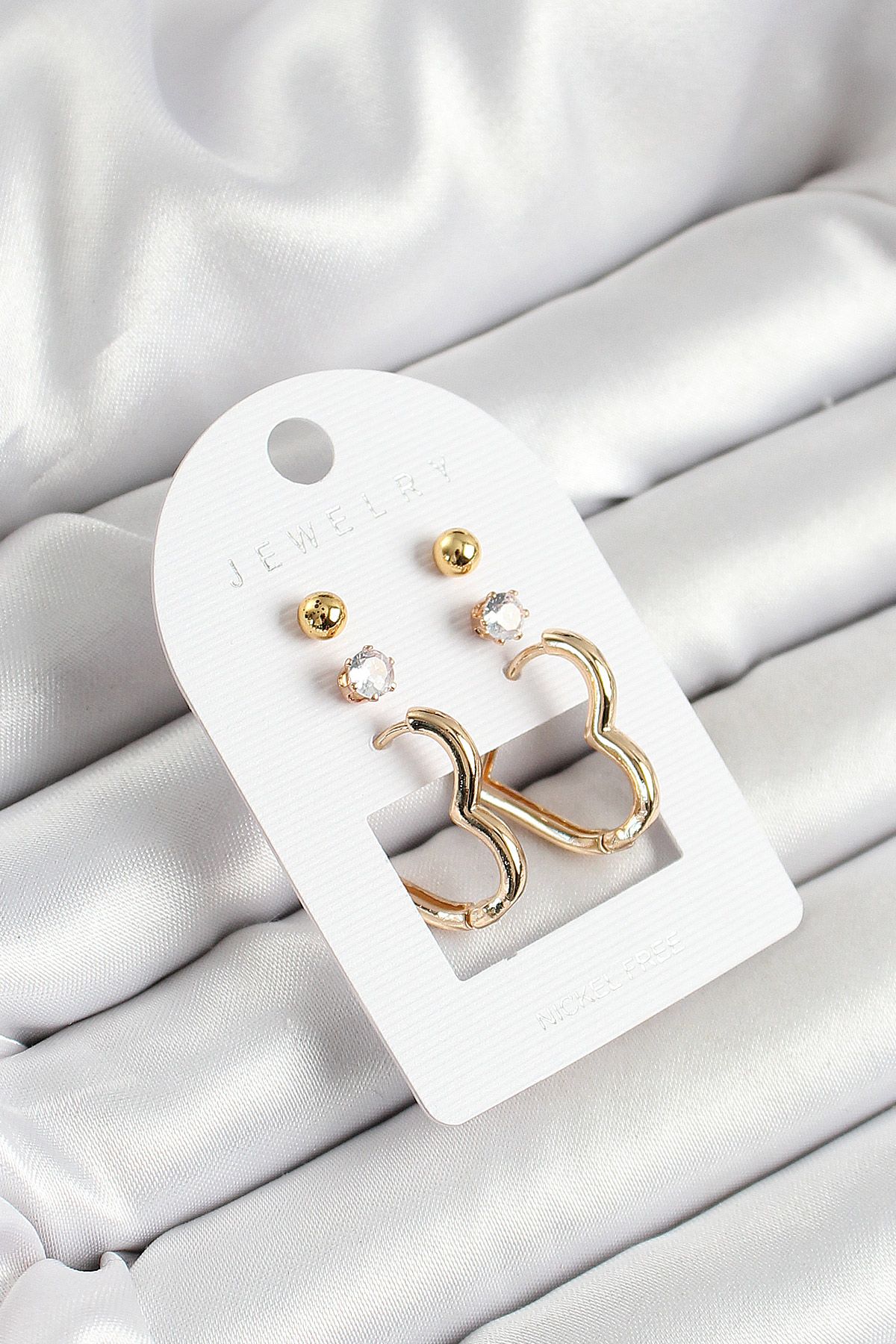 Pirinç Zirkon Taş Ve Kalp Figürlü Gold Renk 3'lü Çift Kadın Küpe Set - TJ-BKP10650