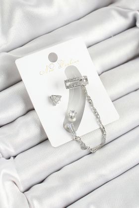 Pirinç Üçgen Figürlü Zirkon Taşlı Gümüş Renk 3'lü Kıkırdak Kadın Küpe Set - TJ-BKP10658