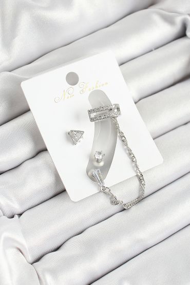 Pirinç Üçgen Figürlü Zirkon Taşlı Gümüş Renk 3'lü Kıkırdak Kadın Küpe Set - TJ-BKP10658