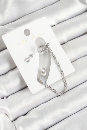 Pirinç Ok Figürlü Zirkon Taşlı Gümüş Renk 3'lü Kıkırdak Kadın Küpe Set - TJ-BKP10663