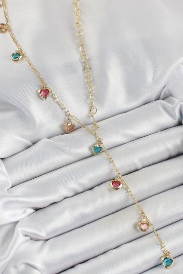 Pirinç Asorti Kalp Model Gold Renk Zirkon Taşlı Y Kolye - TJ-BKO10248