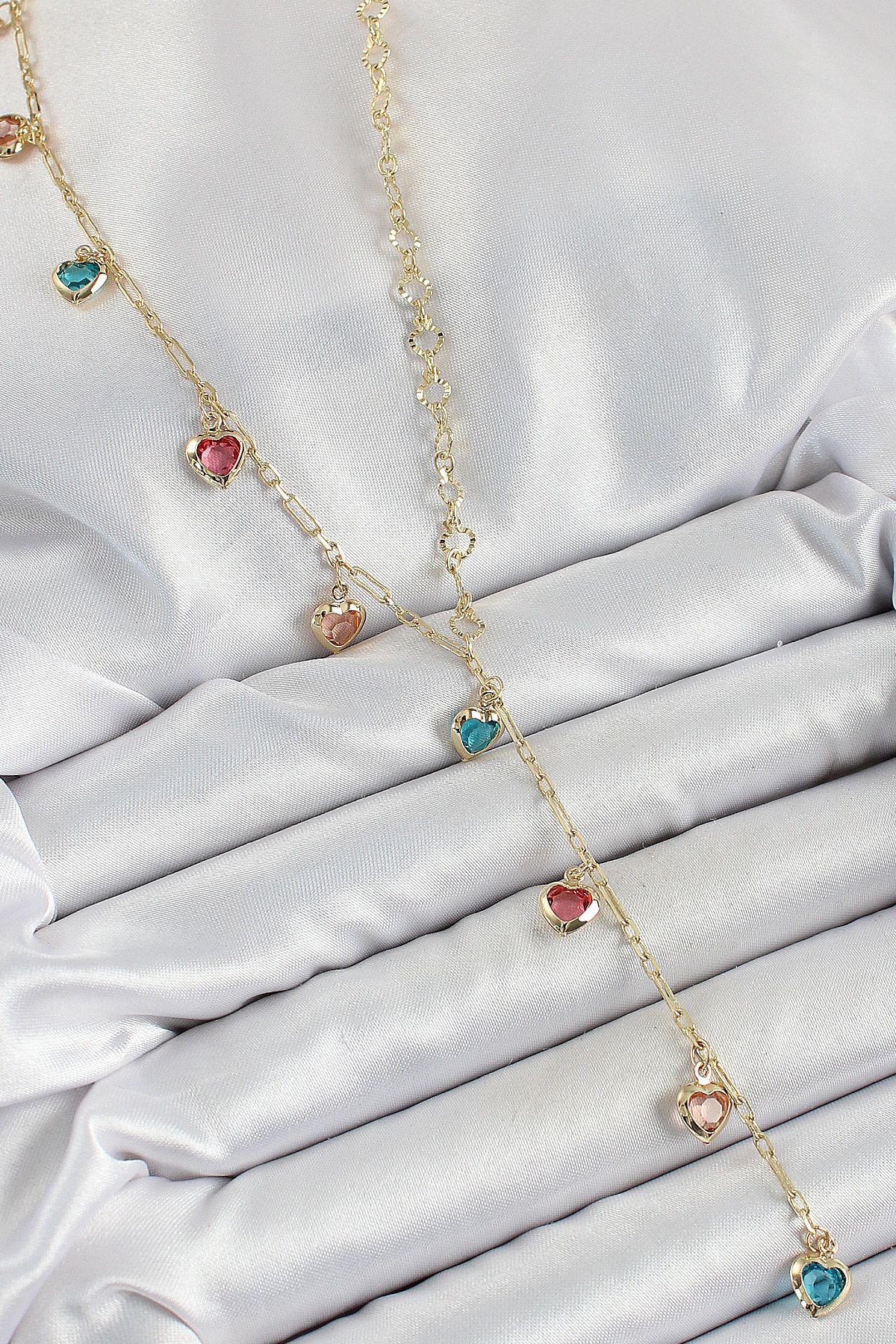 Pirinç Asorti Kalp Model Gold Renk Zirkon Taşlı Y Kolye - TJ-BKO10248