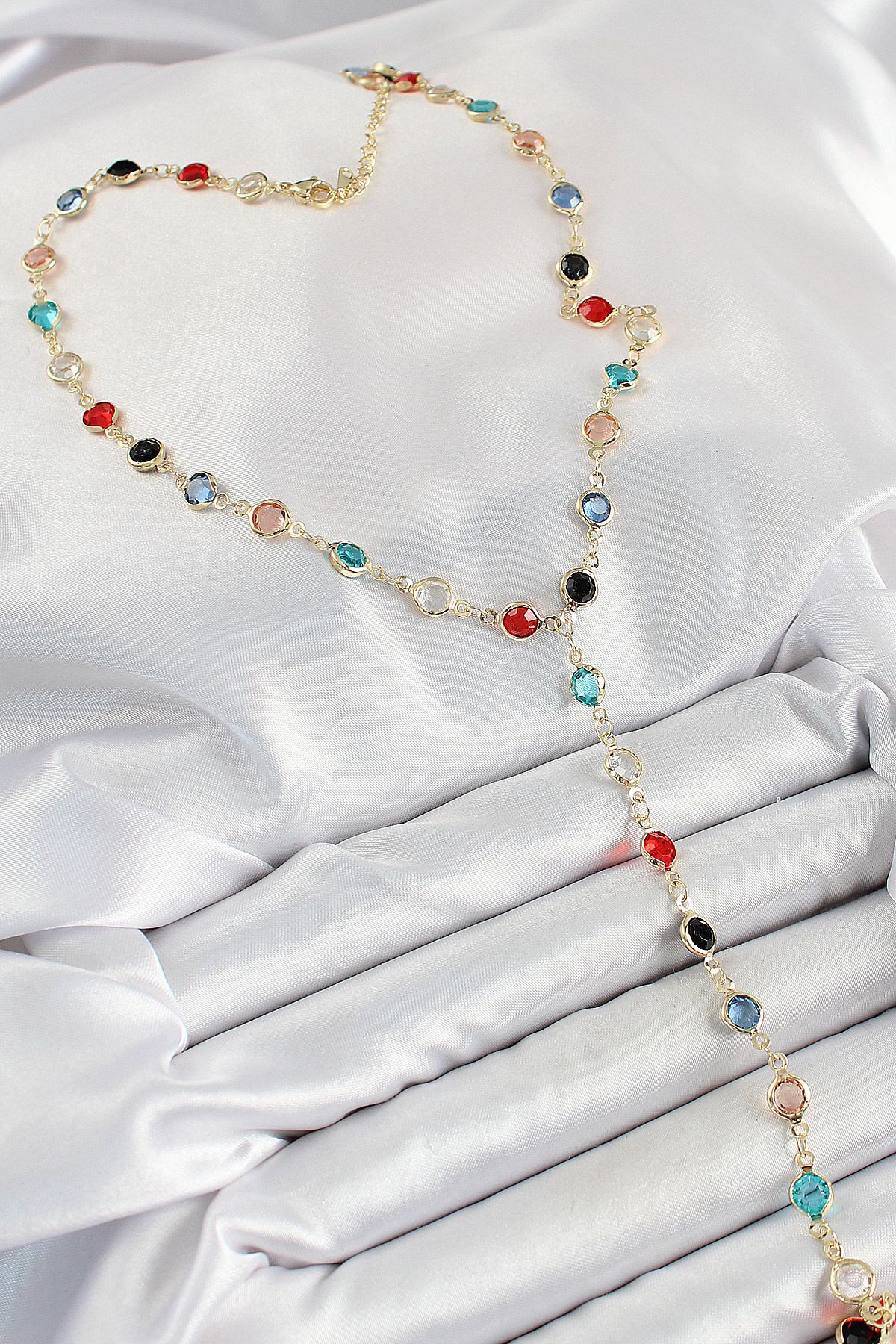 Pirinç Asorti Model Gold Renk Zirkon Taşlı Y Kolye - TJ-BKO10249