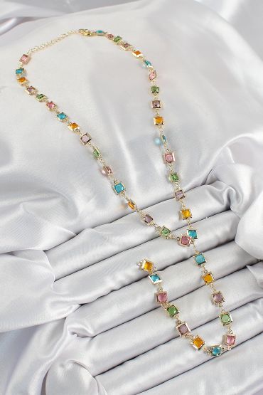 Pirinç Asorti Kare Model Gold Renk Zirkon Taşlı Y Kolye - TJ-BKO10253