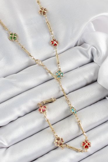 Pirinç Asorti Kalpli Yonca Model Gold Renk Zirkon Taşlı Y Kolye - TJ-BKO10255