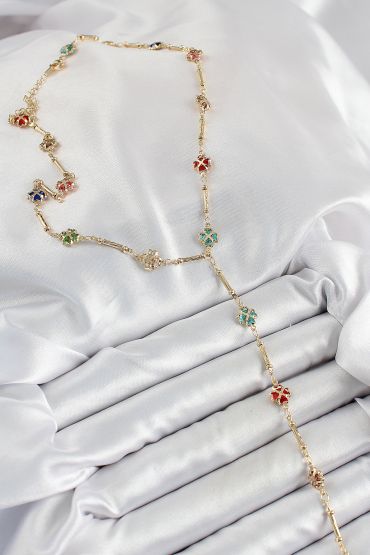 Pirinç Asorti Kalpli Yonca Model Gold Renk Zirkon Taşlı Y Kolye - TJ-BKO10255