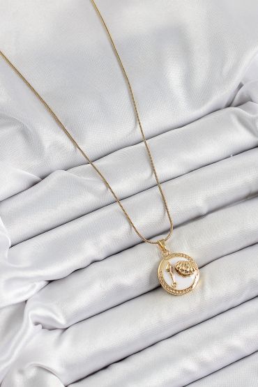316L Çelik Zincir Beyaz Mineli Sanatsal Portre İstiridye Model Gold Renk Kadın Kolye - TJ-BKO10267