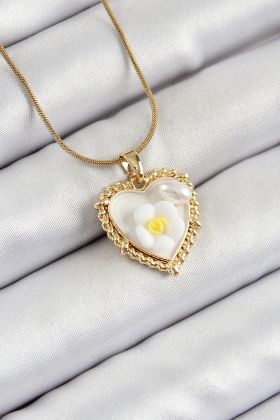 316L Çelik Zincir Beyaz Sanatsal Portre İnci Detaylı Papatya Figürlü Kalp Model Gold Renk Kadın Kolye - TJ-BKO10270