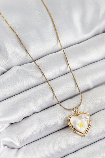 316L Çelik Zincir Beyaz Sanatsal Portre İnci Detaylı Papatya Figürlü Kalp Model Gold Renk Kadın Kolye - TJ-BKO10270