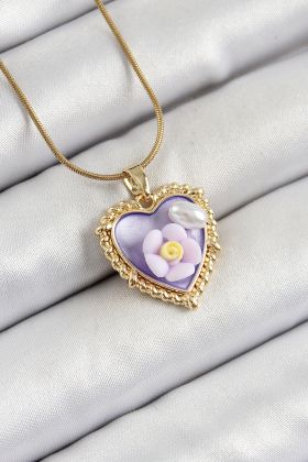 316L Çelik Zincir Mor Sanatsal Portre İnci Detaylı Papatya Figürlü Kalp Model Gold Renk Kadın Kolye - TJ-BKO10272