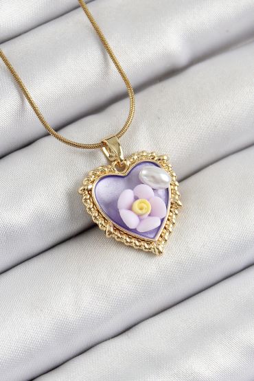 316L Çelik Zincir Mor Sanatsal Portre İnci Detaylı Papatya Figürlü Kalp Model Gold Renk Kadın Kolye - TJ-BKO10272