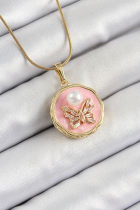 316L Çelik Zincir Zirkon Taşlı Pembe Sanatsal Portre İnci Detaylı Kelebek Model Gold Renk Kadın Kolye - TJ-BKO10276