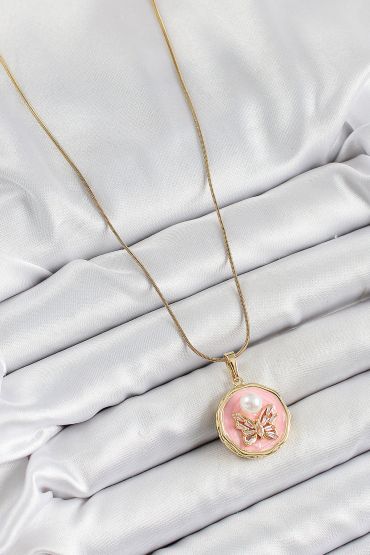 316L Çelik Zincir Zirkon Taşlı Pembe Sanatsal Portre İnci Detaylı Kelebek Model Gold Renk Kadın Kolye - TJ-BKO10276