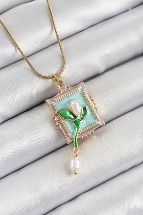 316L Çelik Zincir Turkuaz Sanatsal Portre Sallantılı İnci Detaylı Lale Model Gold Renk Kadın Kolye - TJ-BKO10280