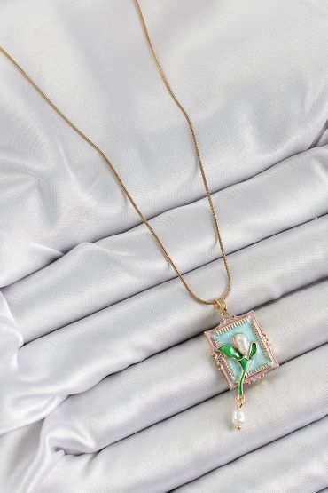 316L Çelik Zincir Turkuaz Sanatsal Portre Sallantılı İnci Detaylı Lale Model Gold Renk Kadın Kolye - TJ-BKO10280