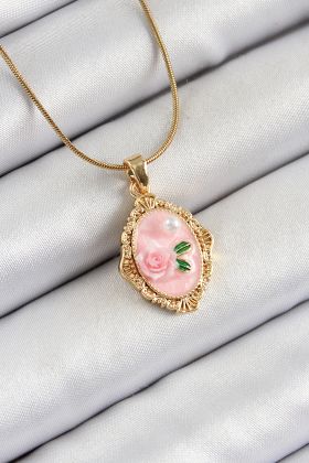316L Çelik Zincir Pembe Sanatsal Portre İnci Detaylı Gül Figürlü Model Gold Renk Kadın Kolye - TJ-BKO10281
